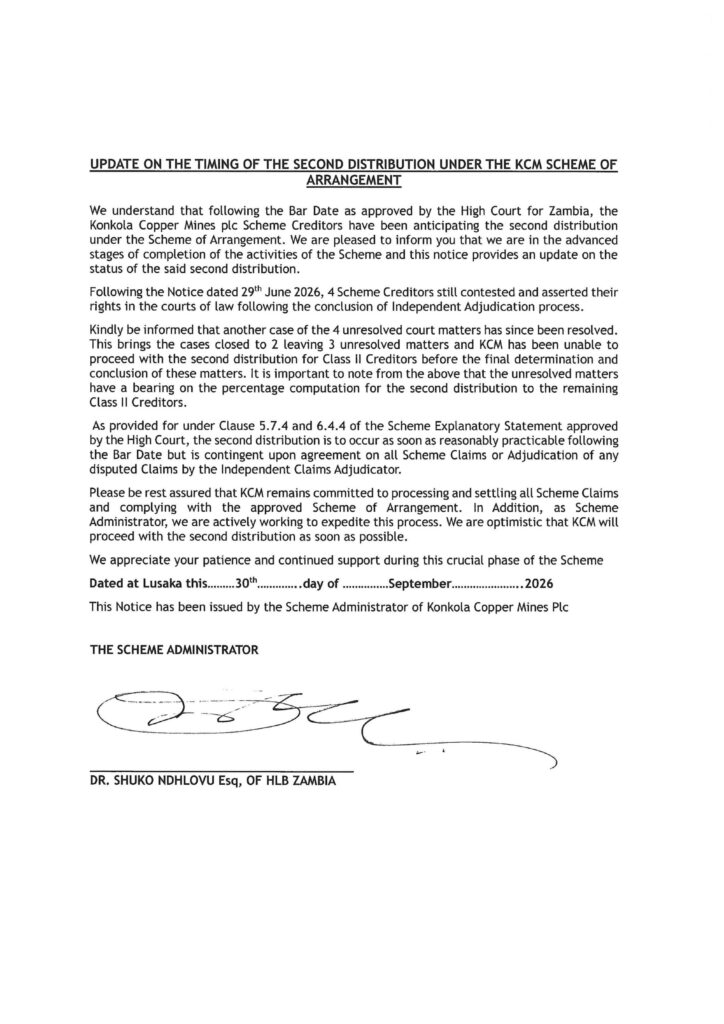 Notice dated 30 September 2026: Update on the timing of the second distribution under the KCM Scheme of Arrangement
